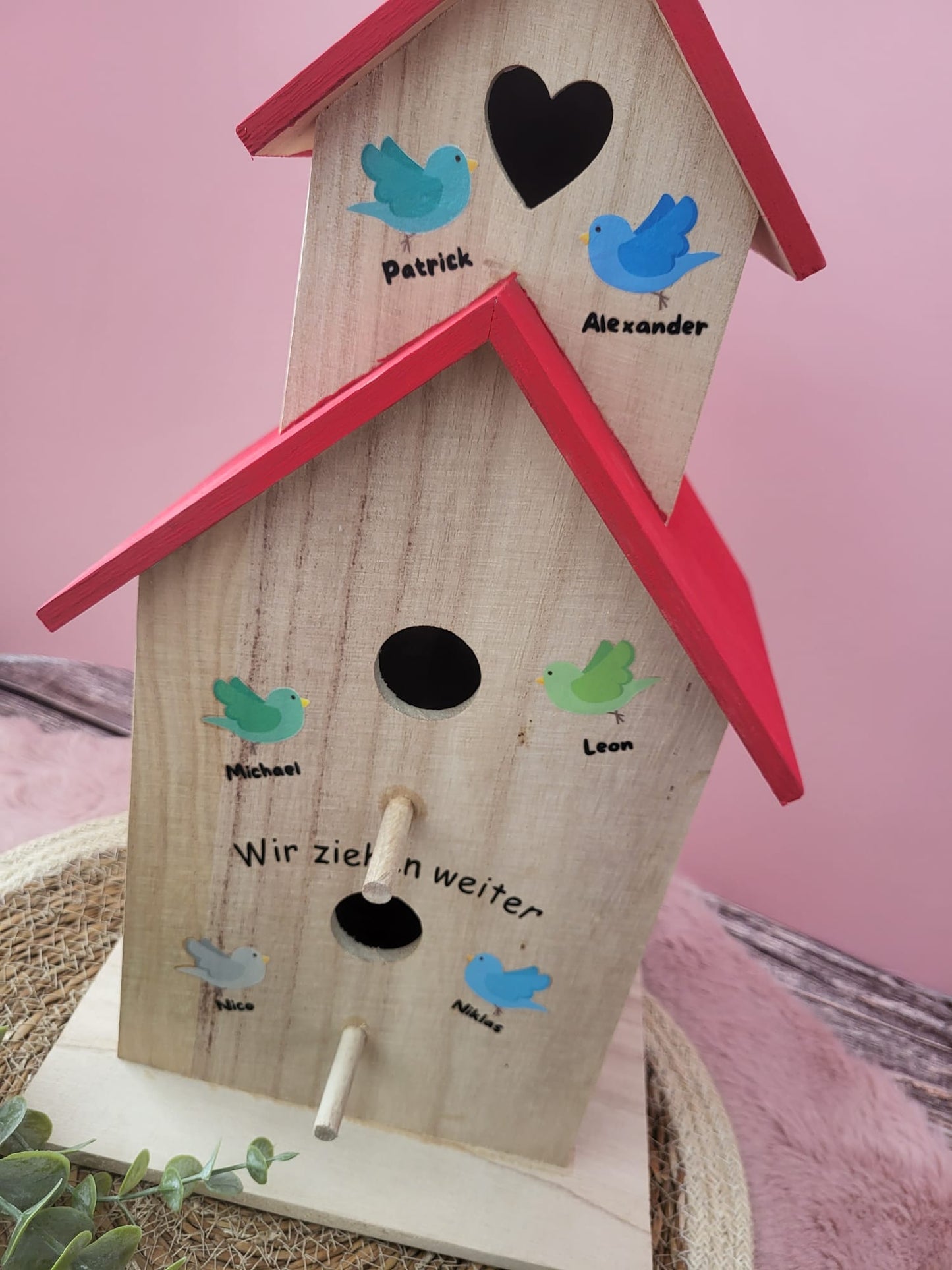Personalisiertes Vogelhaus „Wir ziehen weiter“ – Abschiedsgeschenk für Kindergarten, Schule, Lehrer & Freunde mit Namen