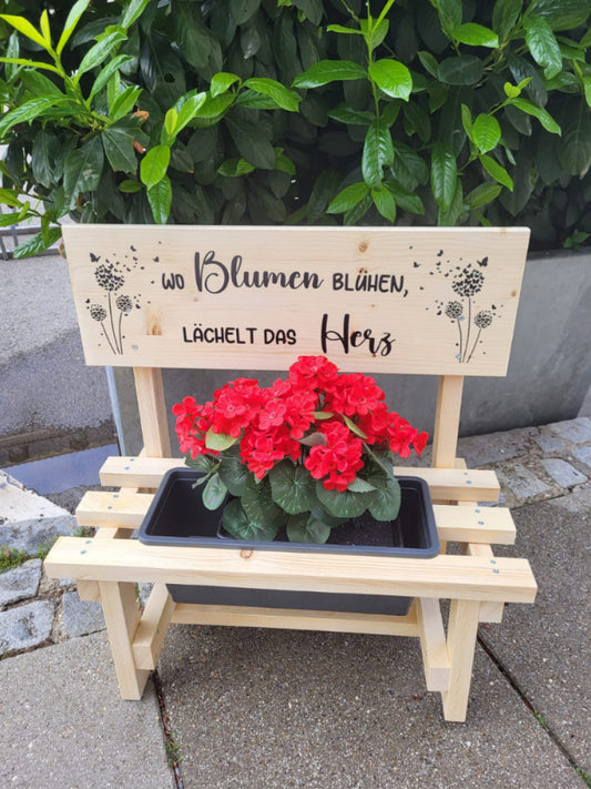 Individuelles Blumenbankerl mit Topf & Namen – Holz Deko für Garten & Zuhause