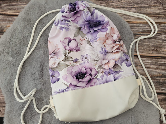 Rucksack Lila Blumen/weißes Leder