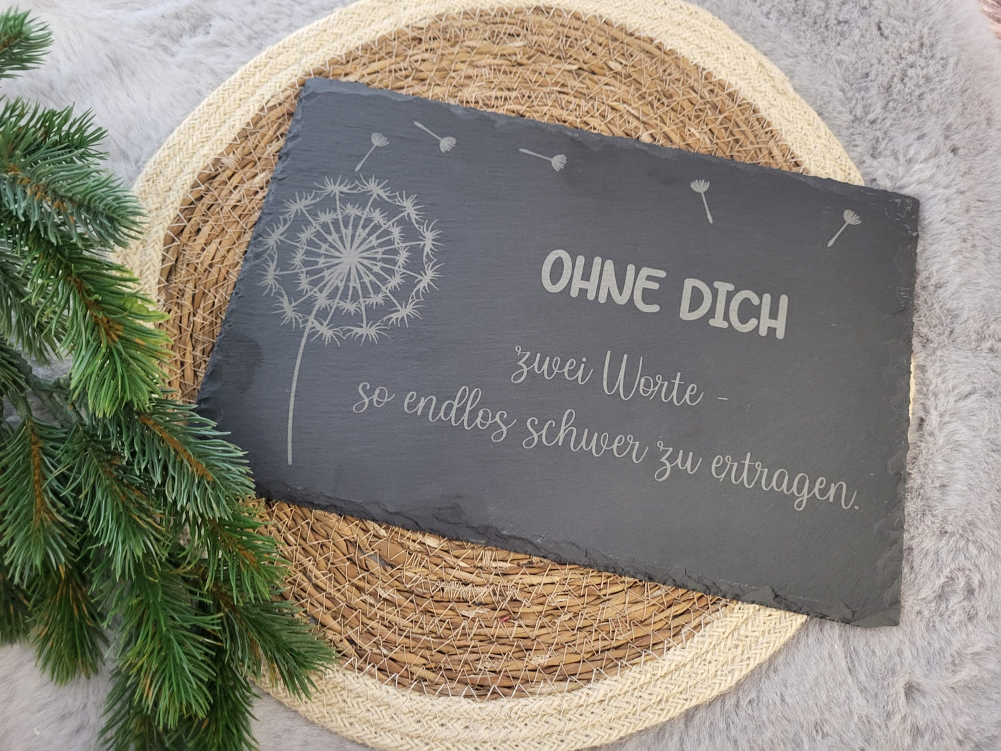 Gedenktafel aus Schiefer – „Ohne Dich“ – 20x30 cm mit rutschfesten Füßen | Trauerspruch Gravur
