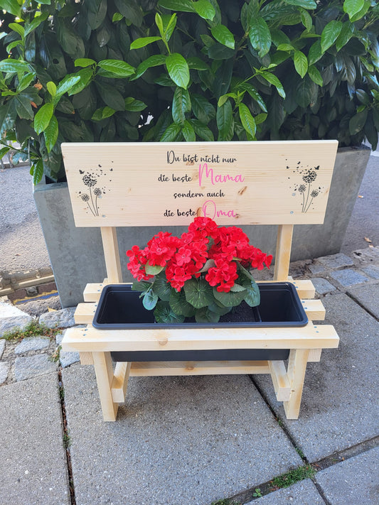 Individuelles Blumenbankerl mit Topf & Namen – Holz Deko für Garten & Zuhause