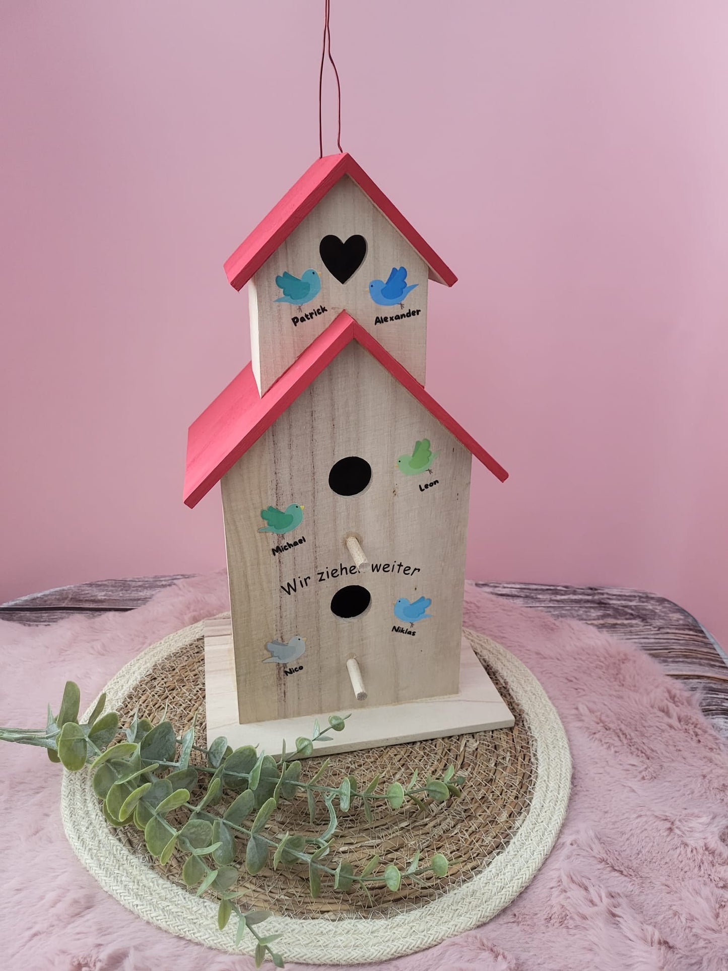 Personalisiertes Vogelhaus „Wir ziehen weiter“ – Abschiedsgeschenk für Kindergarten, Schule, Lehrer & Freunde mit Namen
